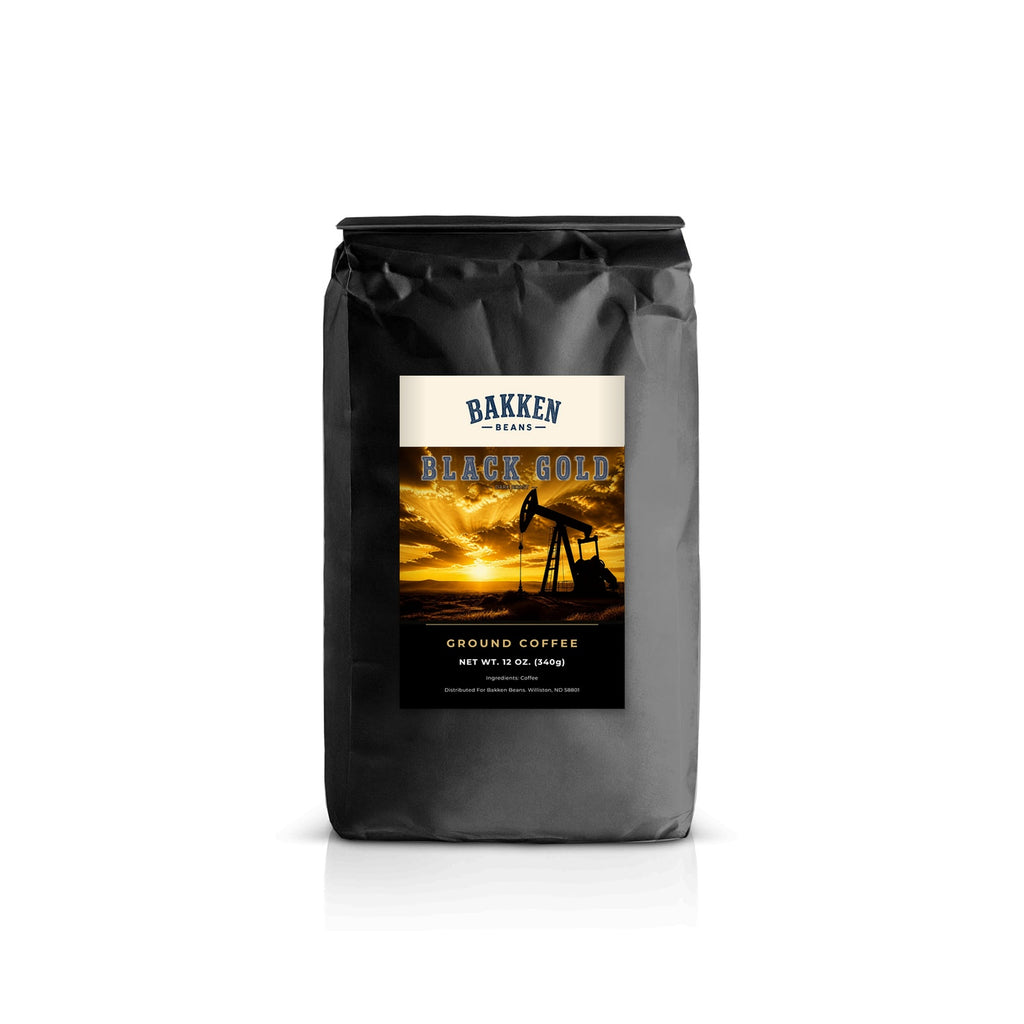 Black Gold Dark Roast Standard grind 12oz pouch mockup — Bakken Beans