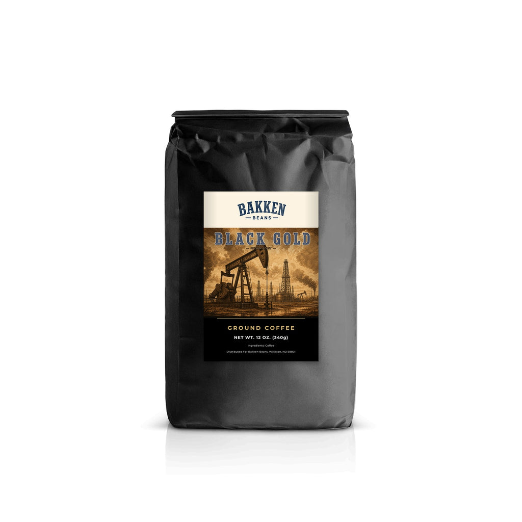 Black Gold Medium Roast Standard grind 12oz pouch mockup — Bakken Beans