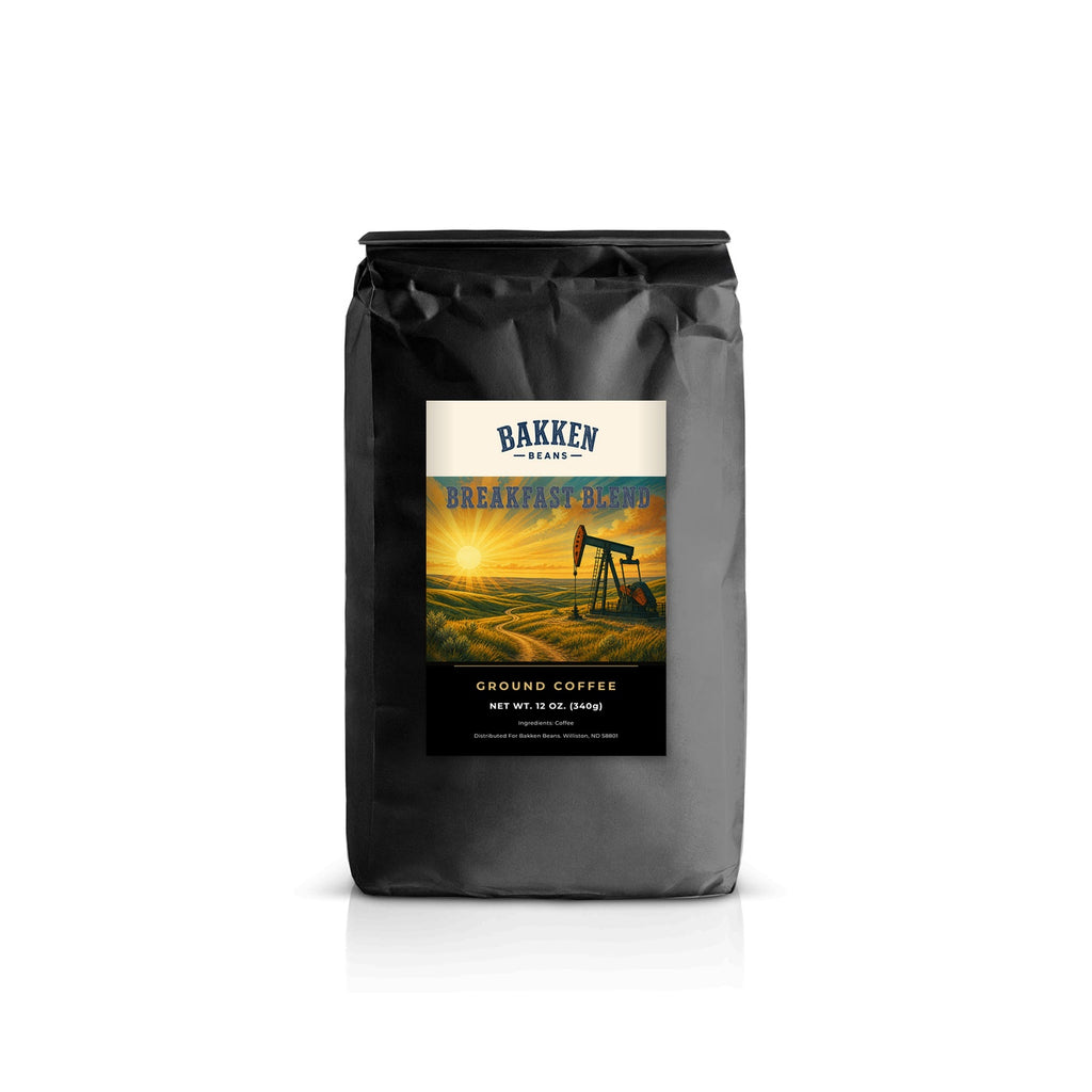 Breakfast Blend Standard grind 12oz pouch mockup — Bakken Beans