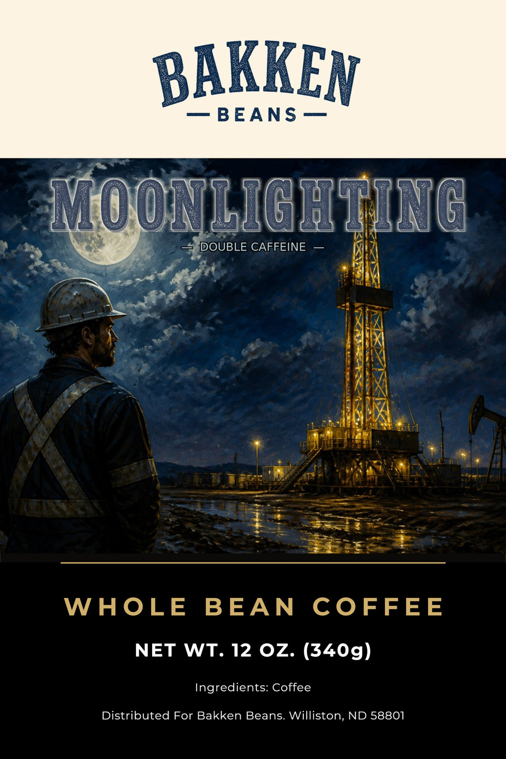 Moonlighting whole bean 12oz label — Bakken Beans