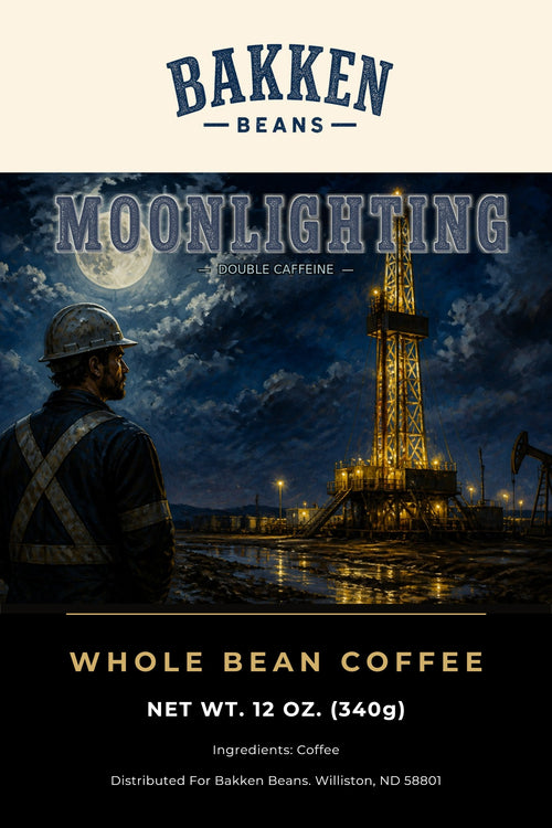Moonlighting whole bean 12oz label — Bakken Beans