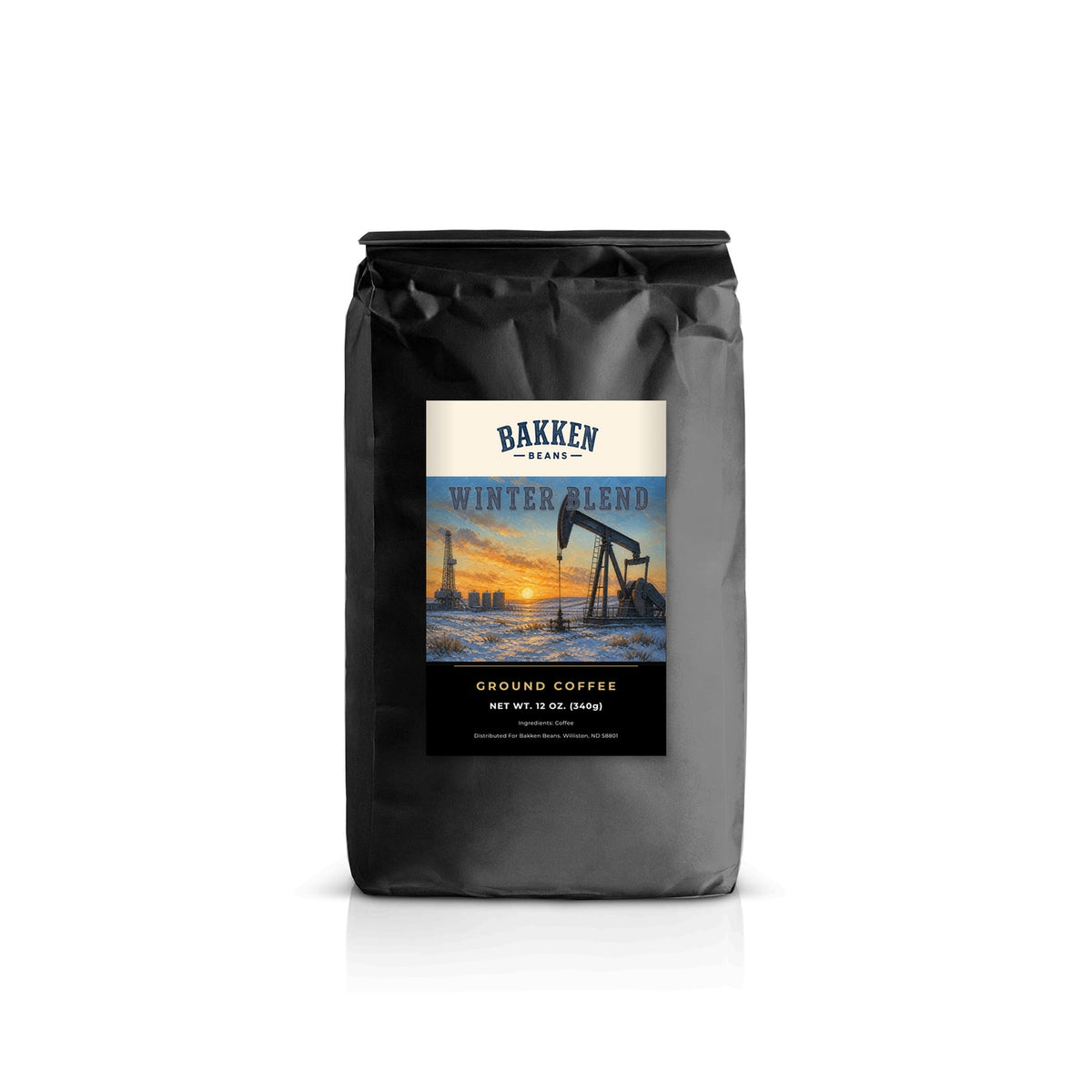 Winter Blend Standard grind 12oz pouch mockup — Bakken Beans