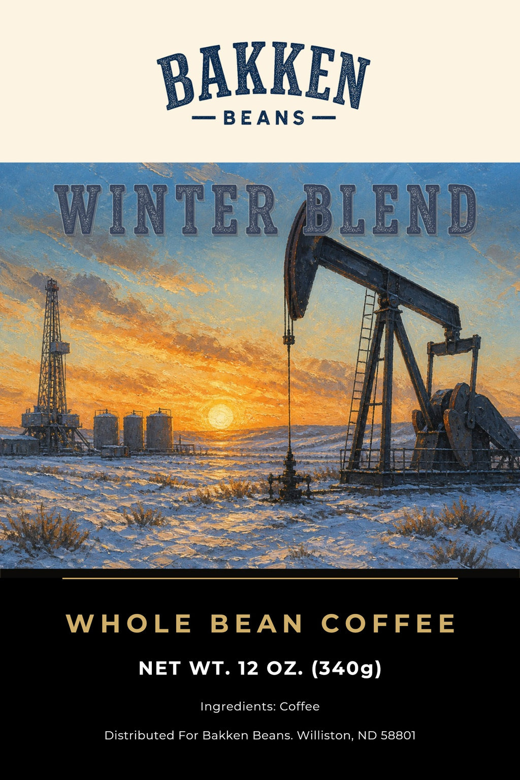 Winter Blend whole bean 12oz label — Bakken Beans